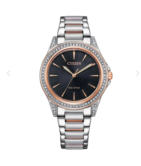 Ladies Citizen Rose Gold Two Tone Crystal Set Eco Drive Watch