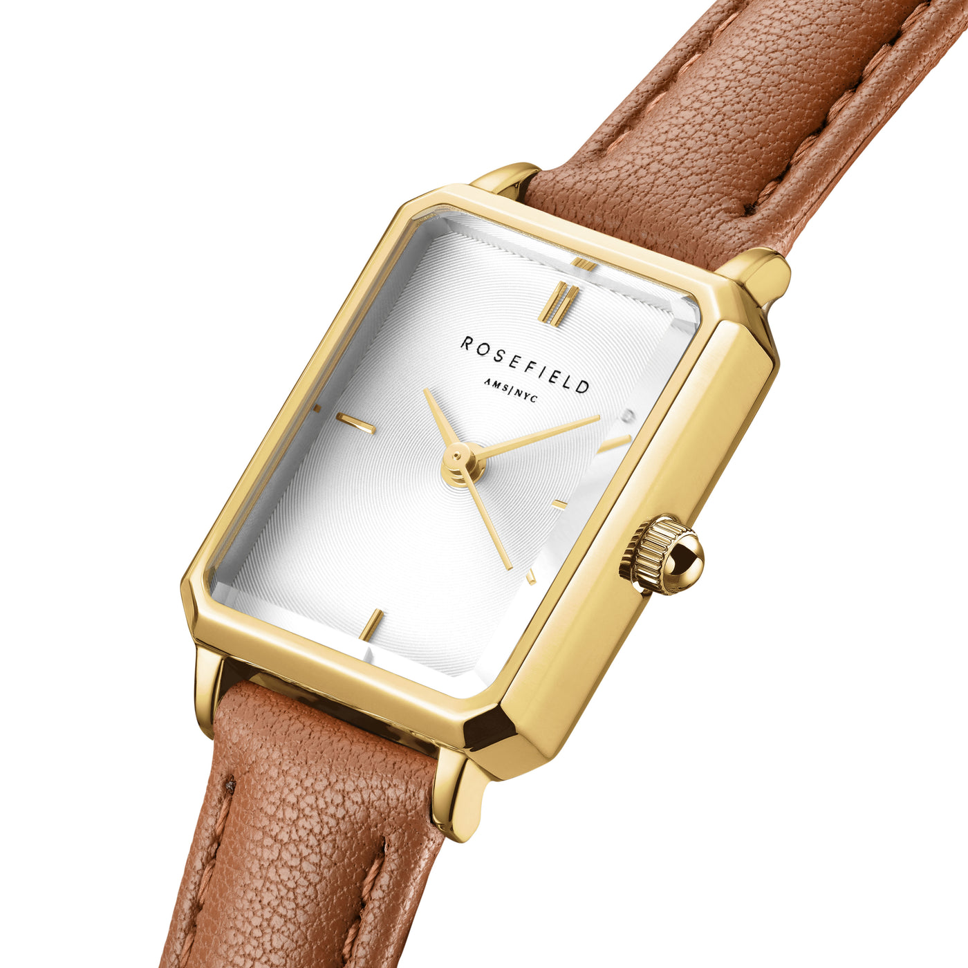 Ladies Yellow Gold Rectangle Face With Tan Leather Strap