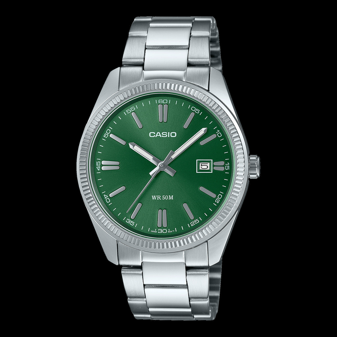 Mens Casio Stainless Steel Analogue Watch With Green Dial