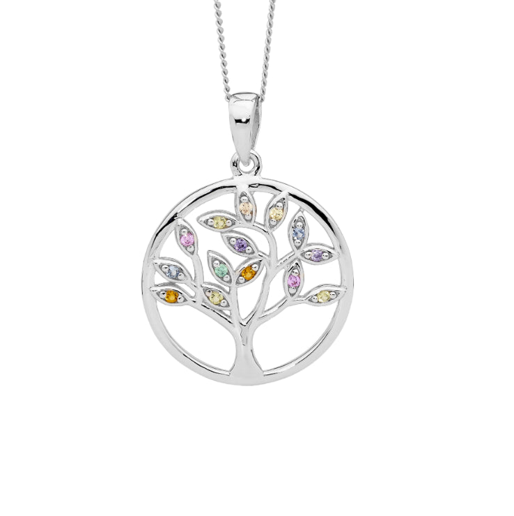 Sterling Silver Multi Coloured Stone Set Tree Of Life Pendant