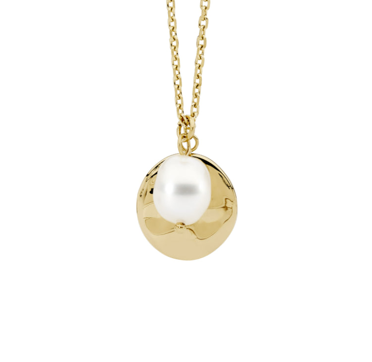 Stainless Steel Gold Plate Disk And Pearl Pendant