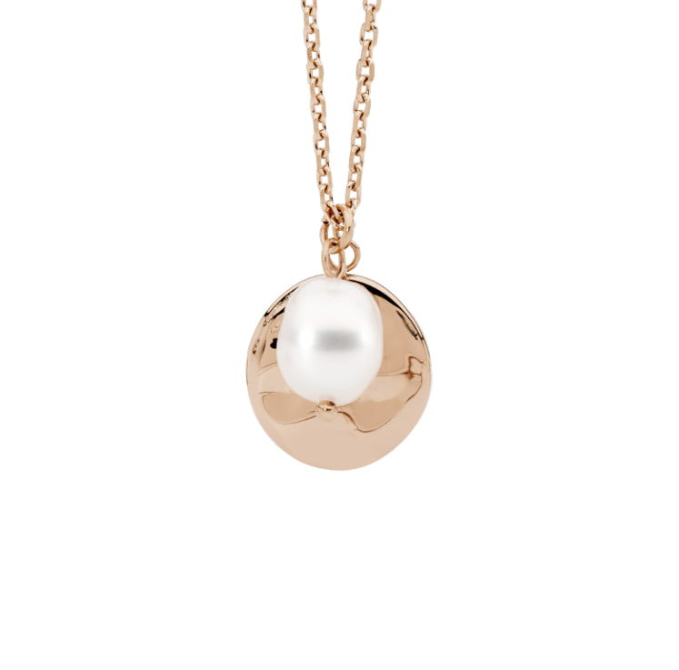 Stainless Steel Rose Gold Plate Disk And Pearl Pendant With Chain