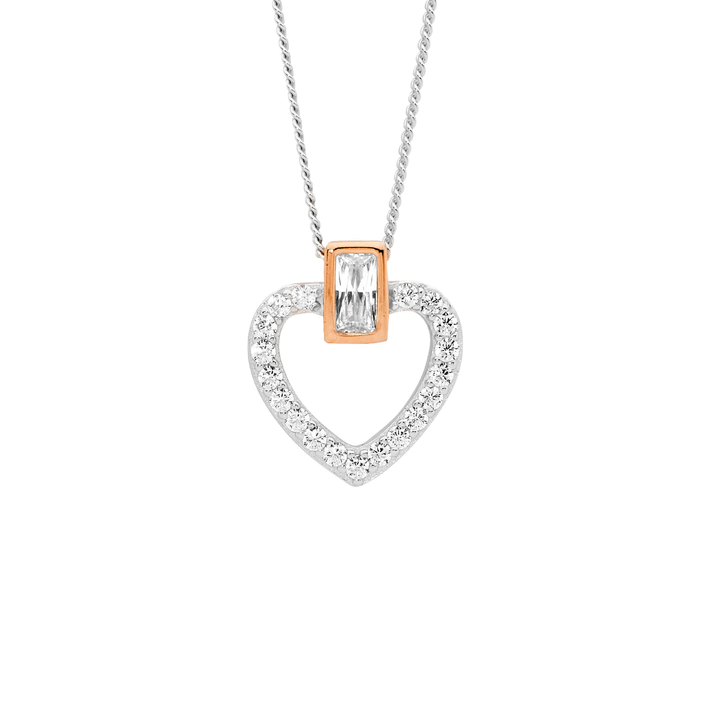 SS CZ Open Heart Rose Gold plated Baguette Pendant