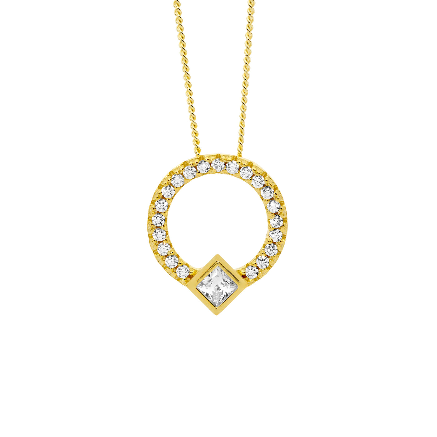 Sterling Silver Gold Plated Circle Pendant With Princess Cut Bezel Set Cubic Zirconia