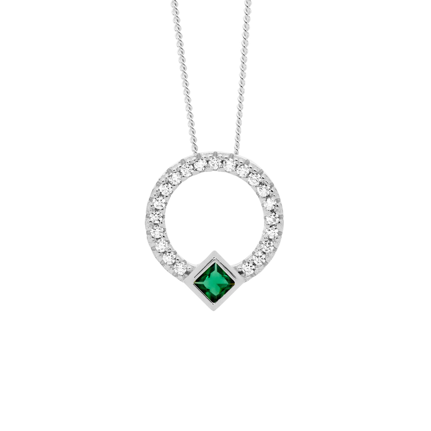 Sterling Silver Circle Pendant With Green Princess Cut Cubic Zirconia