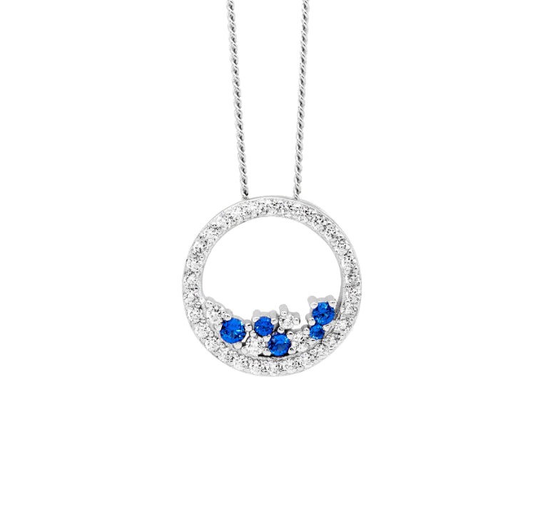 Ellani Sterling Silver Circle Pendant With Blue And Clear CZ