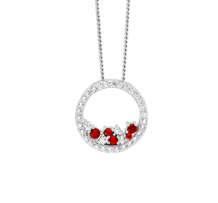 Ellani Sterling Silver Circle Pendant With Red And Clear CZ