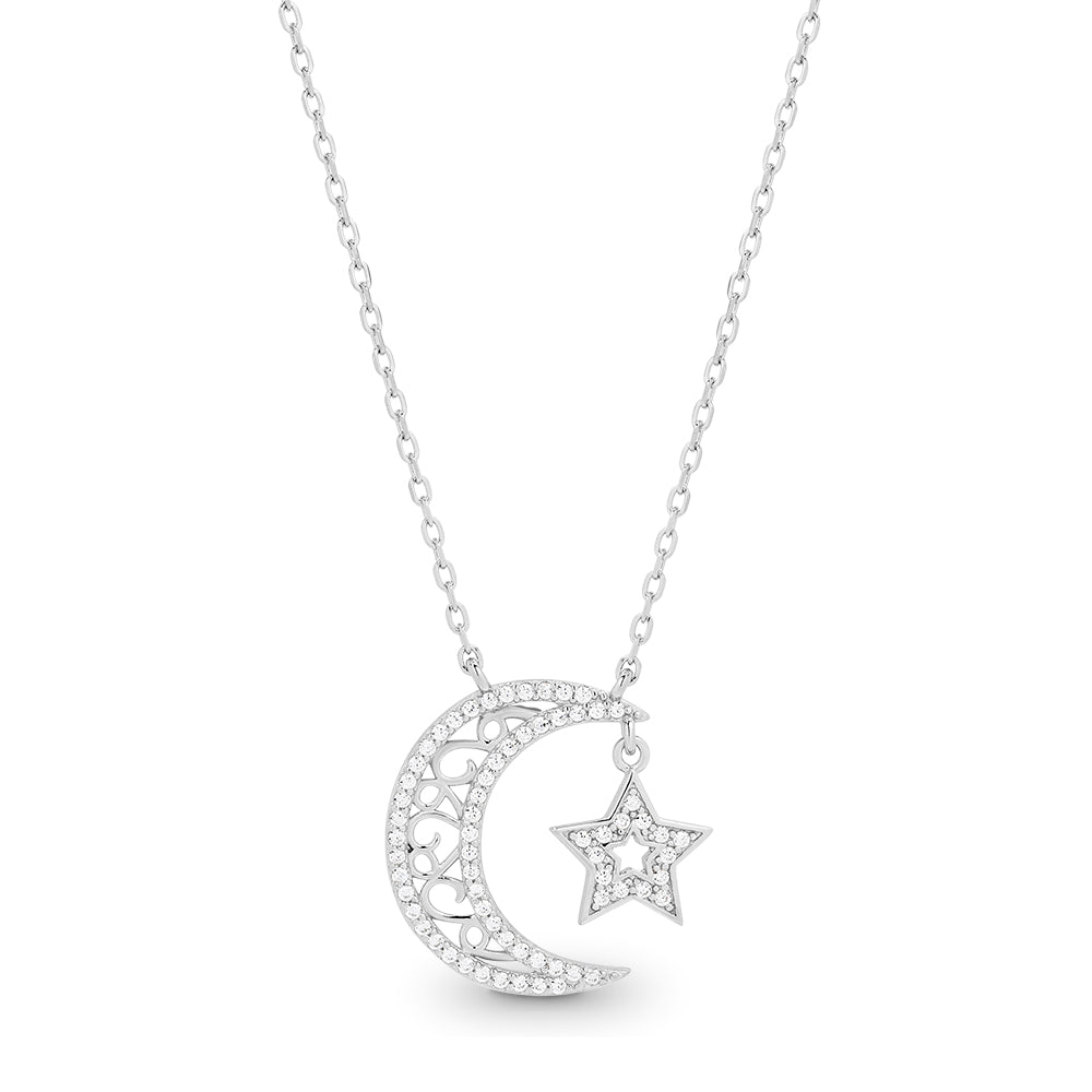 Sterling Silver Moon With Dangling Star CZ Pendant