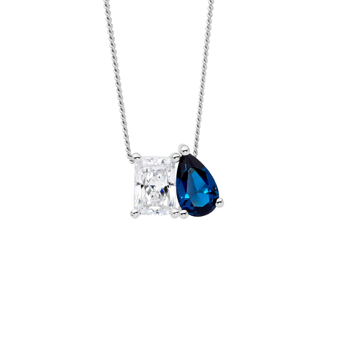 Sterling Silver Emerald And London Blue Pear Cut Cz Necklace