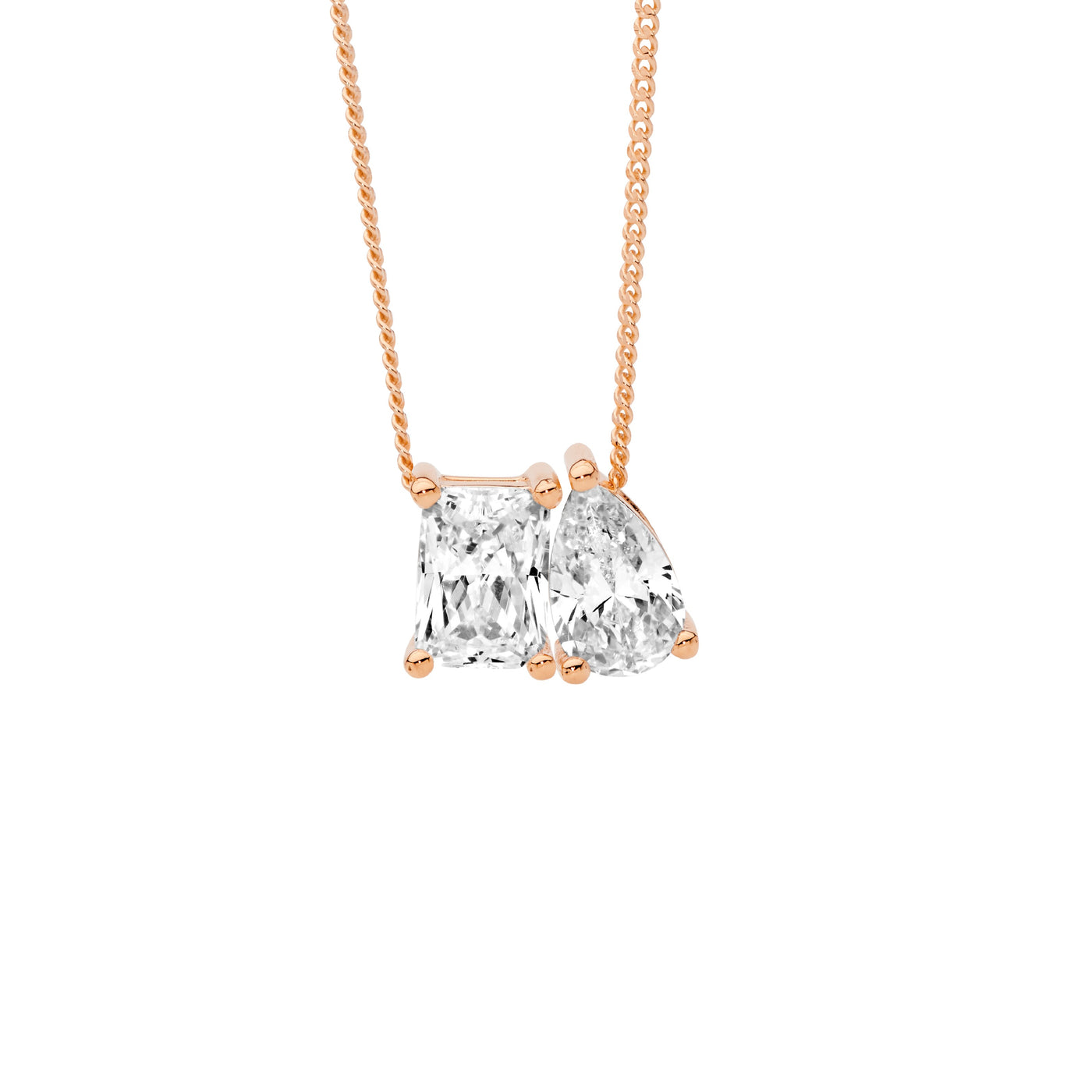 Ss Emerald And Pear Cut Cz Pendant Rose Gold Plated 45 Cm