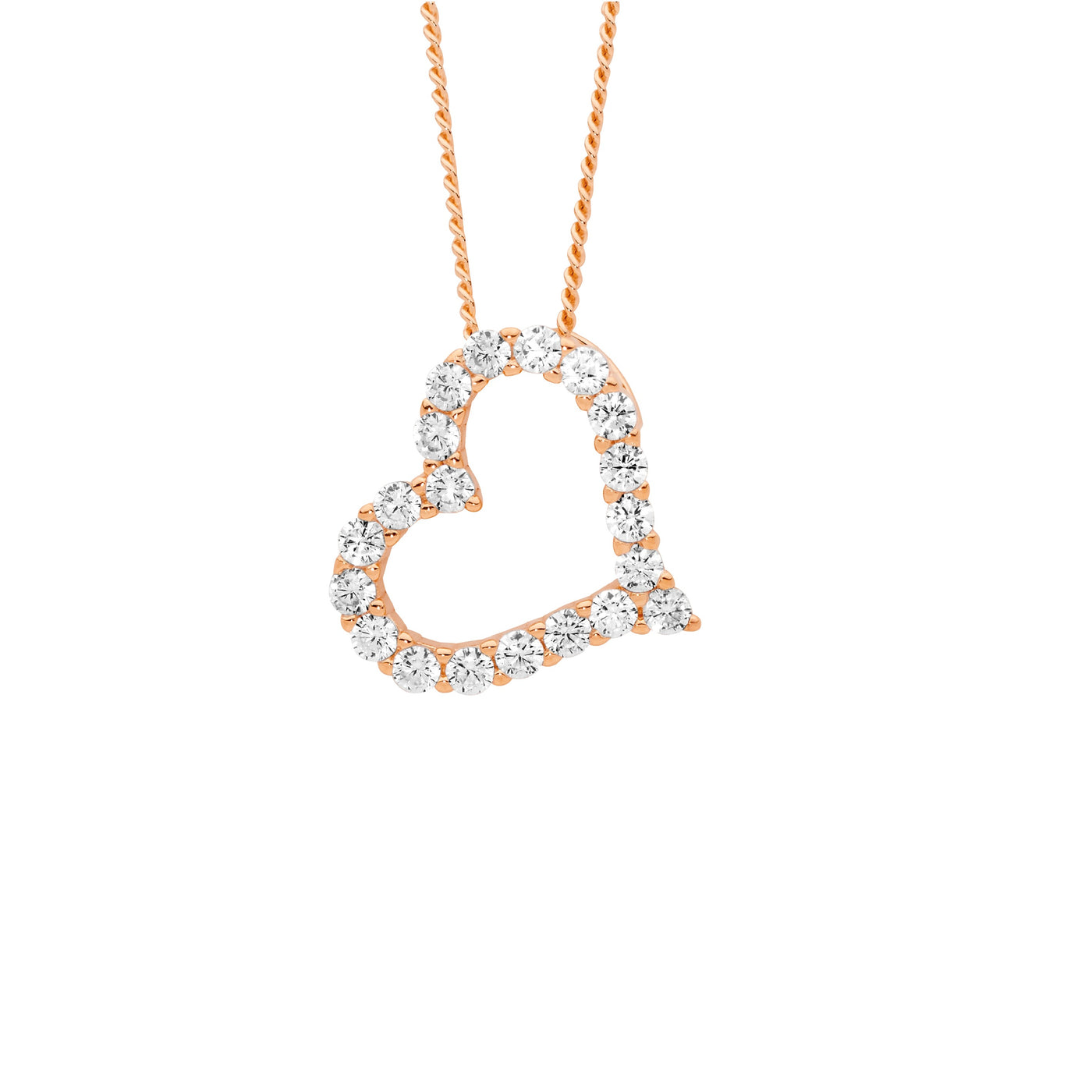 Ss Cz 13mm Open Heart On Angle Pendant 45 cm Chain Rose Gold Plated