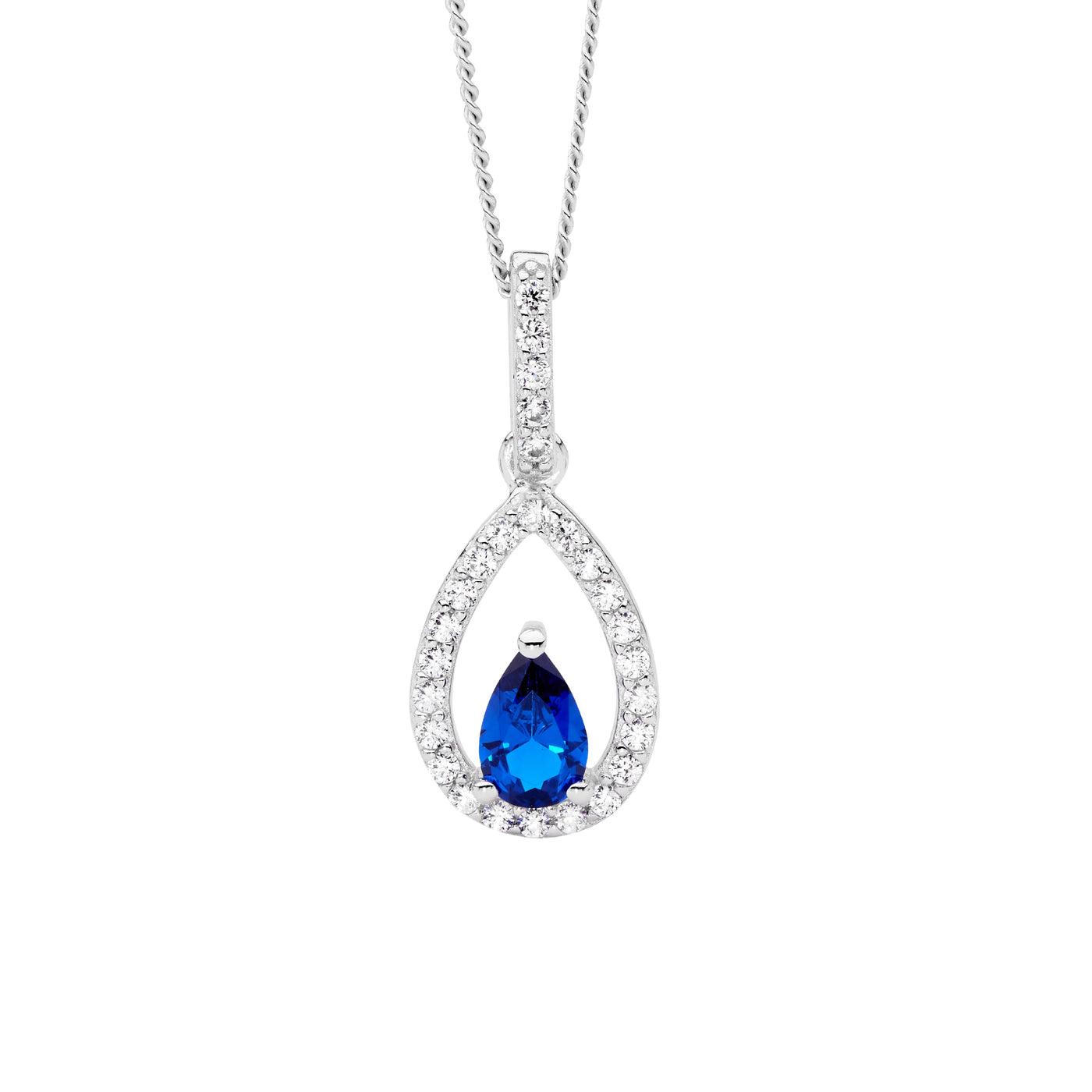 Ss Cz Open Pear With Dark Blue Cz Drop Pendant 45 cm Chain