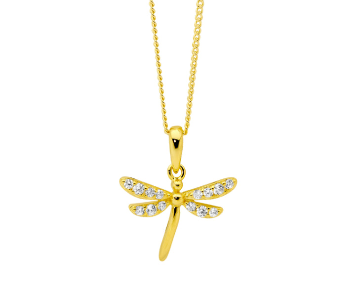 Stelring Silver Yellow Gold Plated Dragon fly pendant set with CZ