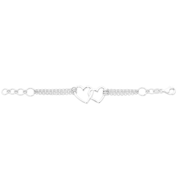 Sterling Silver Triple Chain With Double Heart Bracelet