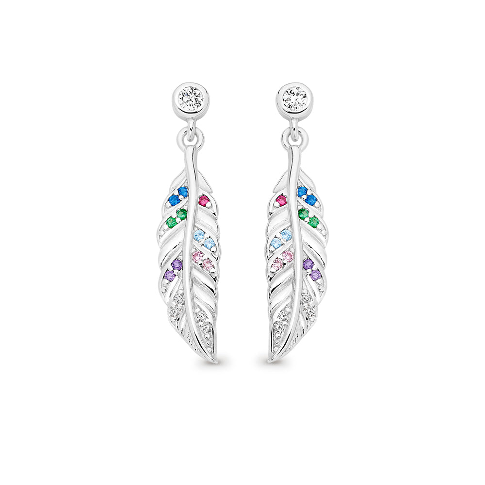 Sterling Silver Multi Coloured CZ Feather Drop Earrings