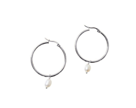 Stainless Steel Hoop With White Freshwater Pearl Drop