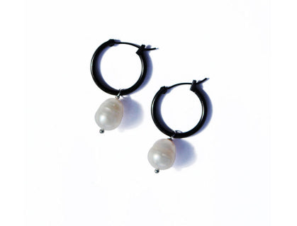 Stainless Black Plated Hoop With White Freshwater Pearl Silver Fitting On Pearl