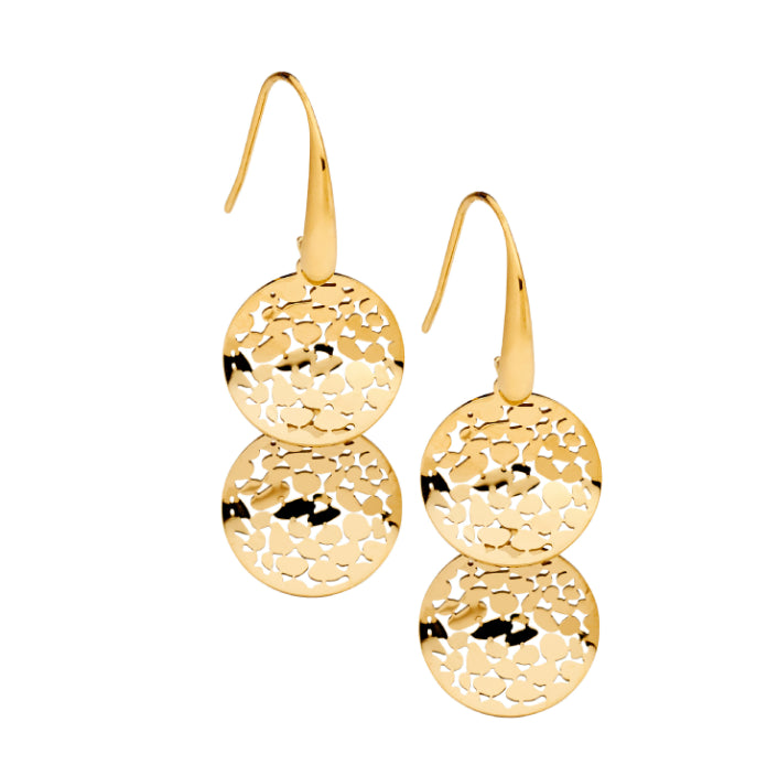 Yellow Gold Plated Double Wave Disk Earrings