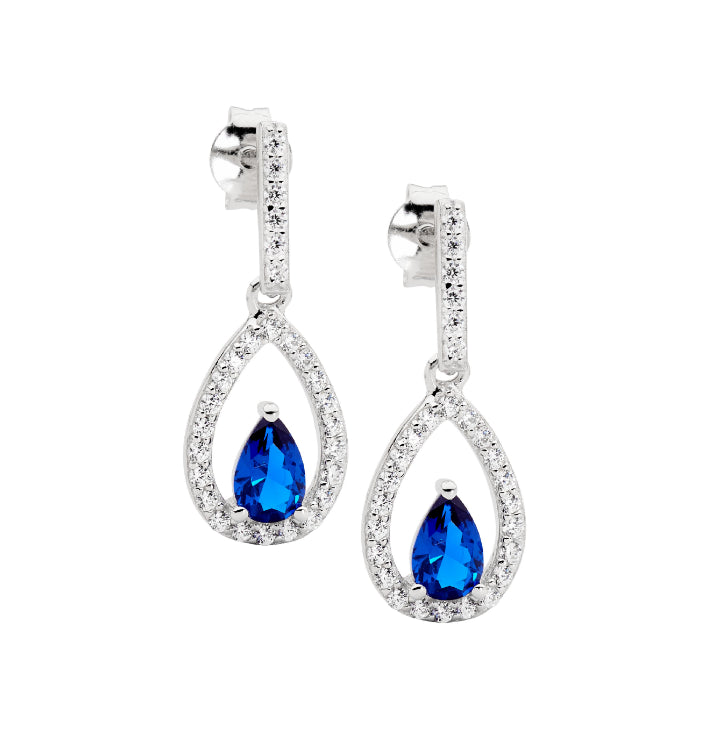 Sterling Silver Blue And White Cz Drop Earrings