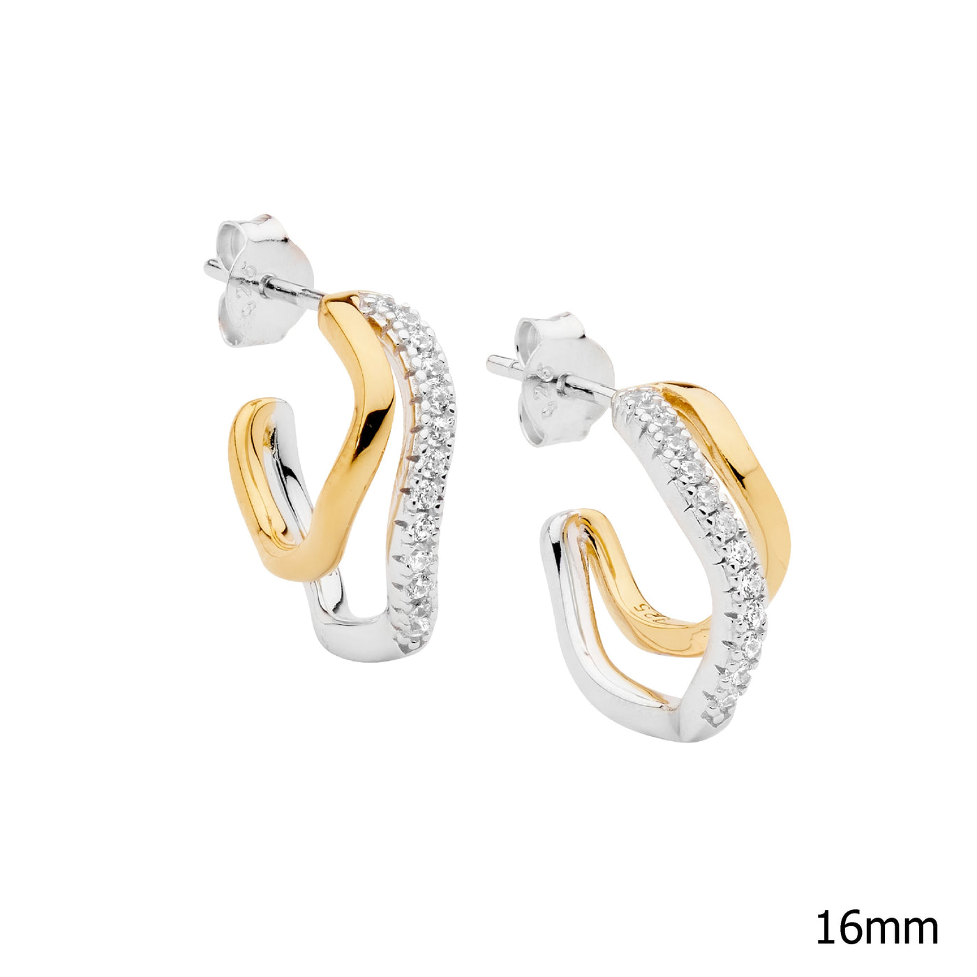 Sterling Silver And Yellow Gold Plated Double Wave Hoop Earrings