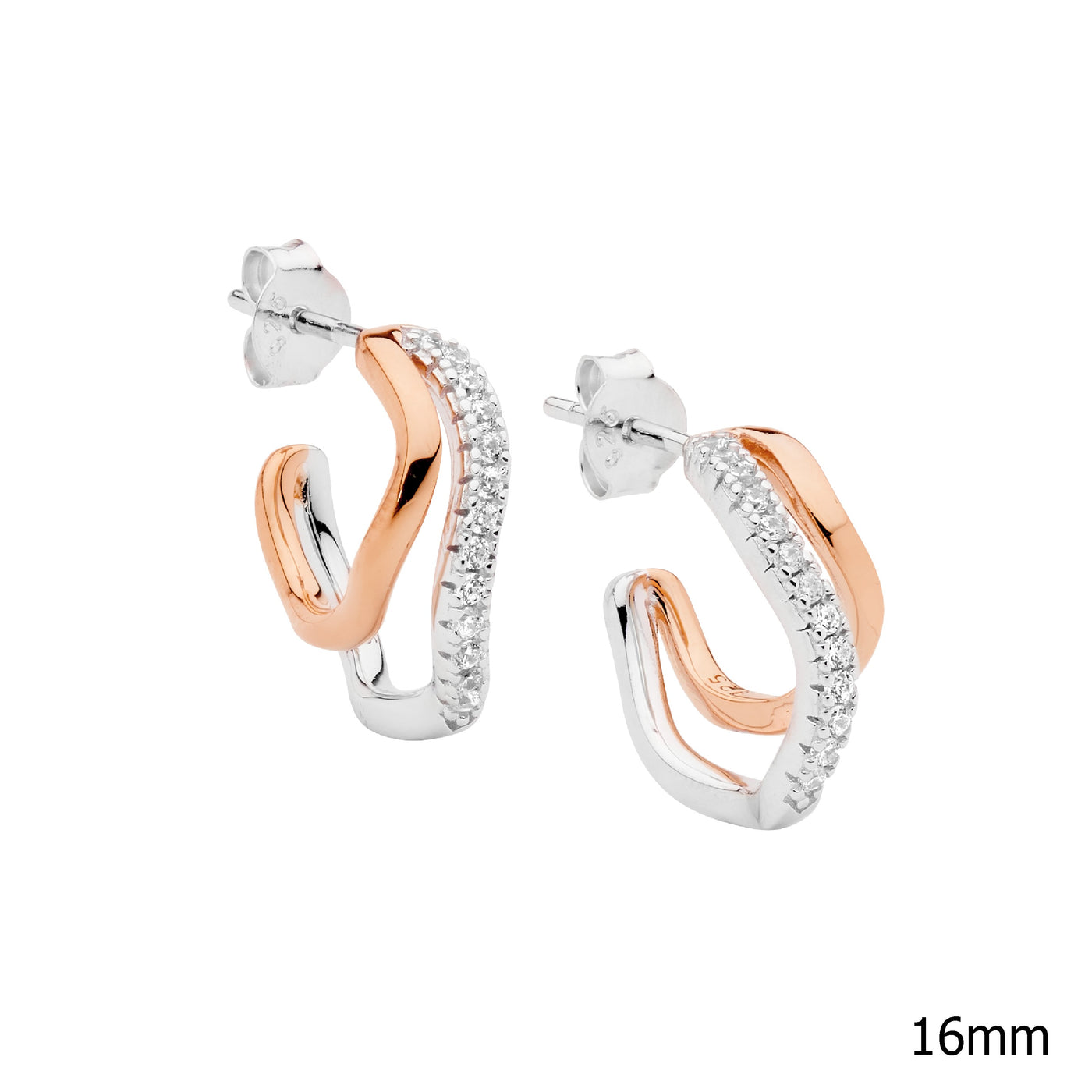 Double Wave Hoop Earring Rose Gold Plated Cz 16Mm