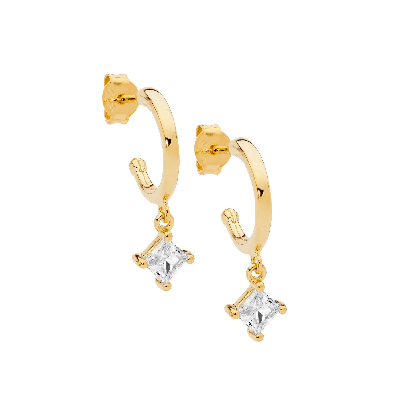 Sterling Silver Yellow Gold Plated Hoops With Princess Cut Cz Drop