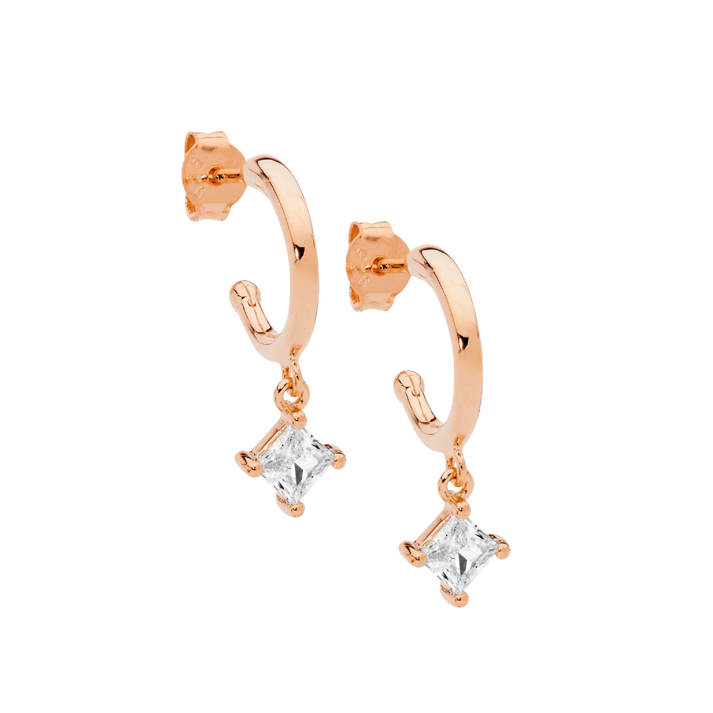 Ss 13Mm Hoop Earring ,Princess Cut Cz Drop ,Rose Gold Plated