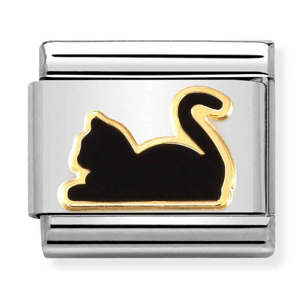 NOM-030272 80 Steel and 18ct Yellow Gold Enamel Cat Lying Down