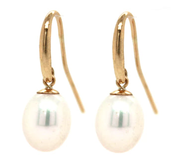 9ct Yellow Gold White Freshwater Pearl Drop Hook Earrings