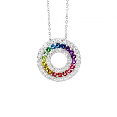 Sterling Silver Multi Colour Cubic Zirconia Channel Set 20Mm Circle Pendant