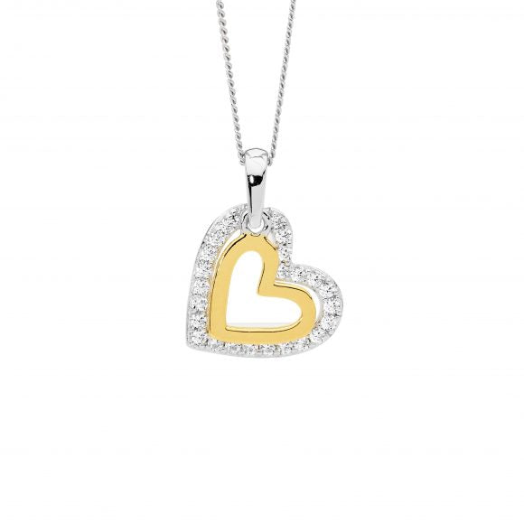 Ellani Sterling Silver Cz Heart Necklace With Gold Plated Hear