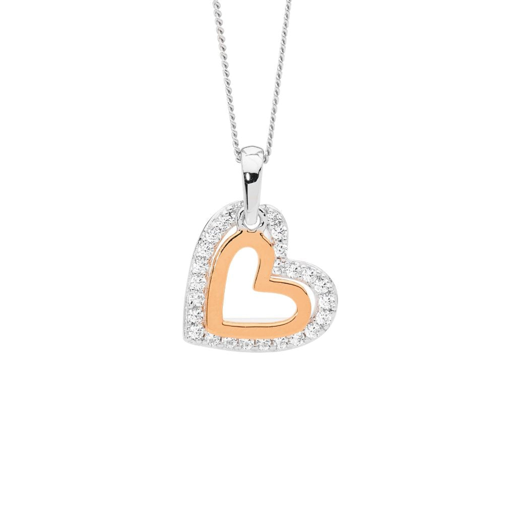 Ellani Sterling Silver CZ Heart with Rose Gold Plated Heart