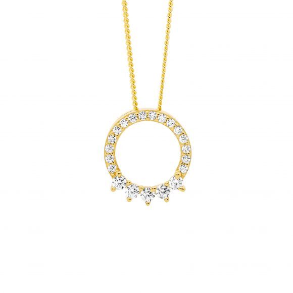 Gold plated sterling silver cubic zirconia open circle pendant with 5 feature cubic zirconia