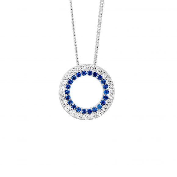 Sterling Silver Cubic Zirconia & Dark Blue Cubic Zirconia Double Row Circle Pendant