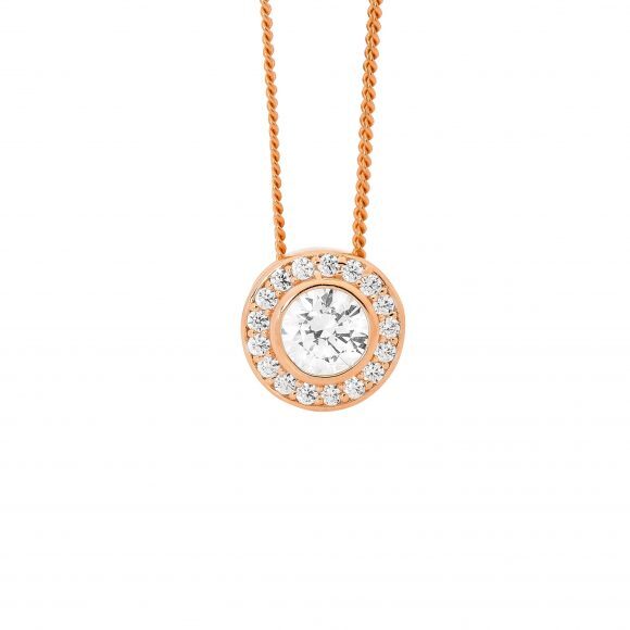 Sterling Silver Rose Gold Plated Cubic Zirconia Halo Necklace