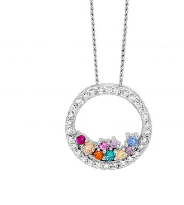 Womans Open Circle Scattered Multi-Coloured Cubic Zirconia Pendant