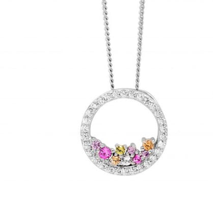 Womans Open Circle With Scattered Pastel Coloured Cubic Zirconia Pendant