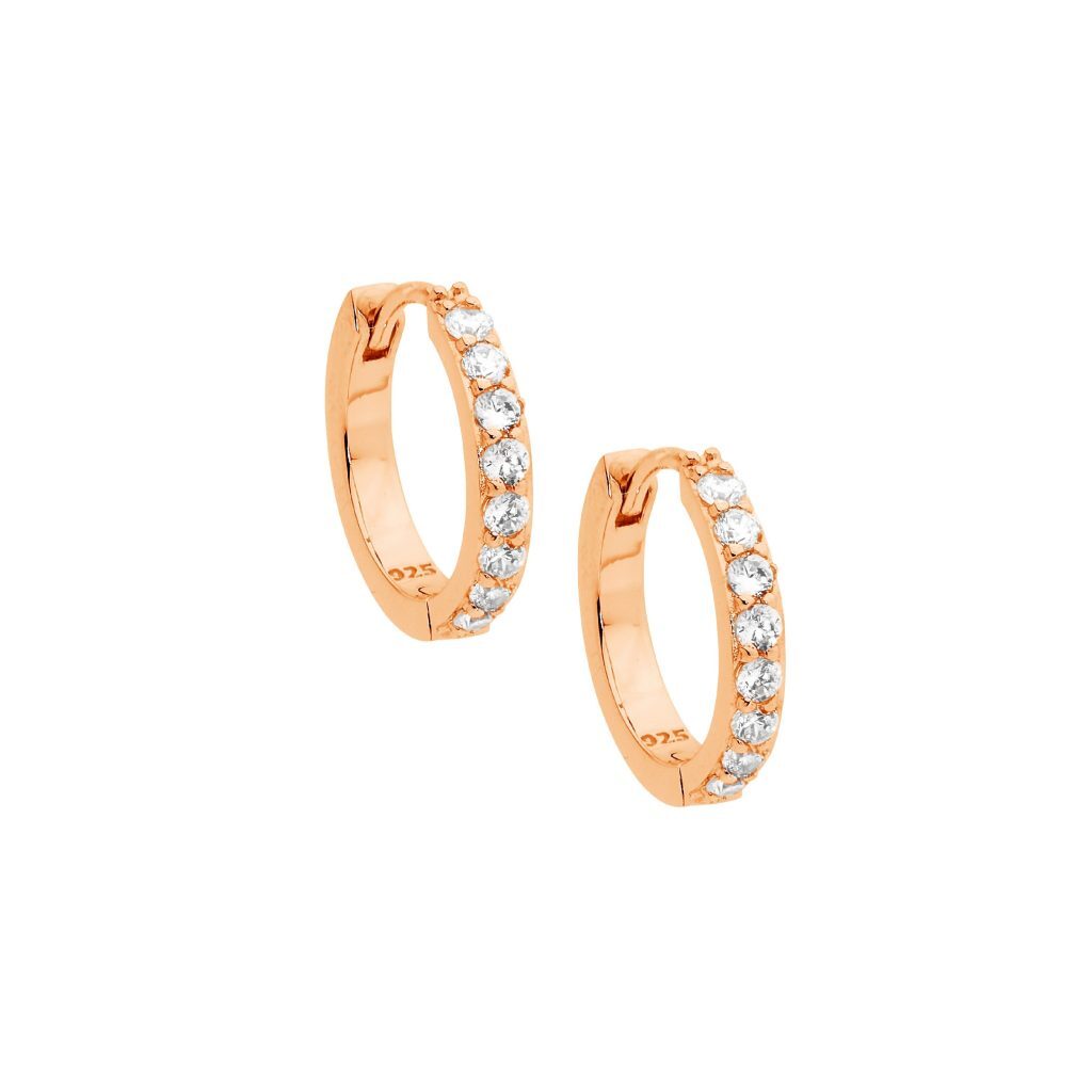 Sterling Silver With Rose Gold Plating Cubic Zirconia 15Mm Hoop Earrings