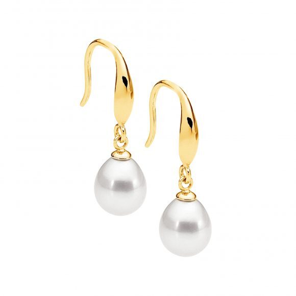 Ellani Gold Plated Sterling Silver Freshwater Pearl Hook Earrings