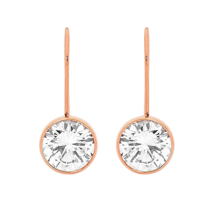 Rose Gold Plated Stainless Steel Bezel Set Cubic Zirconia Drop Earrings