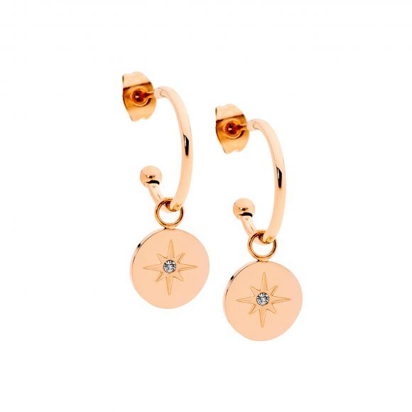 Rose gold plated stainless steel hoops with cubic zirconia star disc