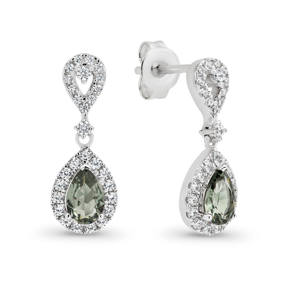 Sterling Silver Green & White Cubic Zirconia Teardrop Earrings