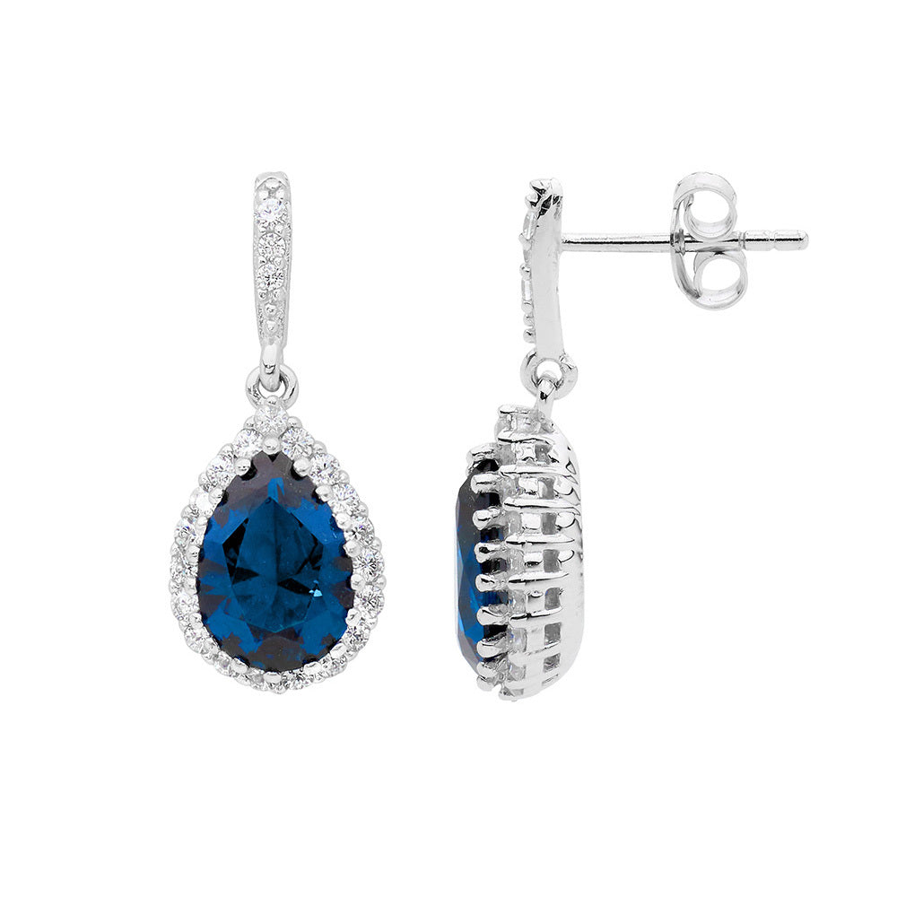 Sterling Silver London Blue Pear Shape Cubic Zirconia Halo Drop Earrings