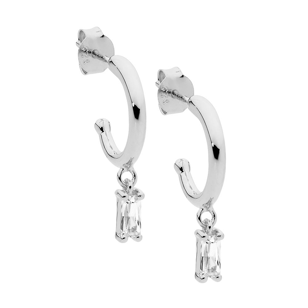 Ellani Sterling Silver 13Mm Hoop With Baguette Cubic Zirconia Drop