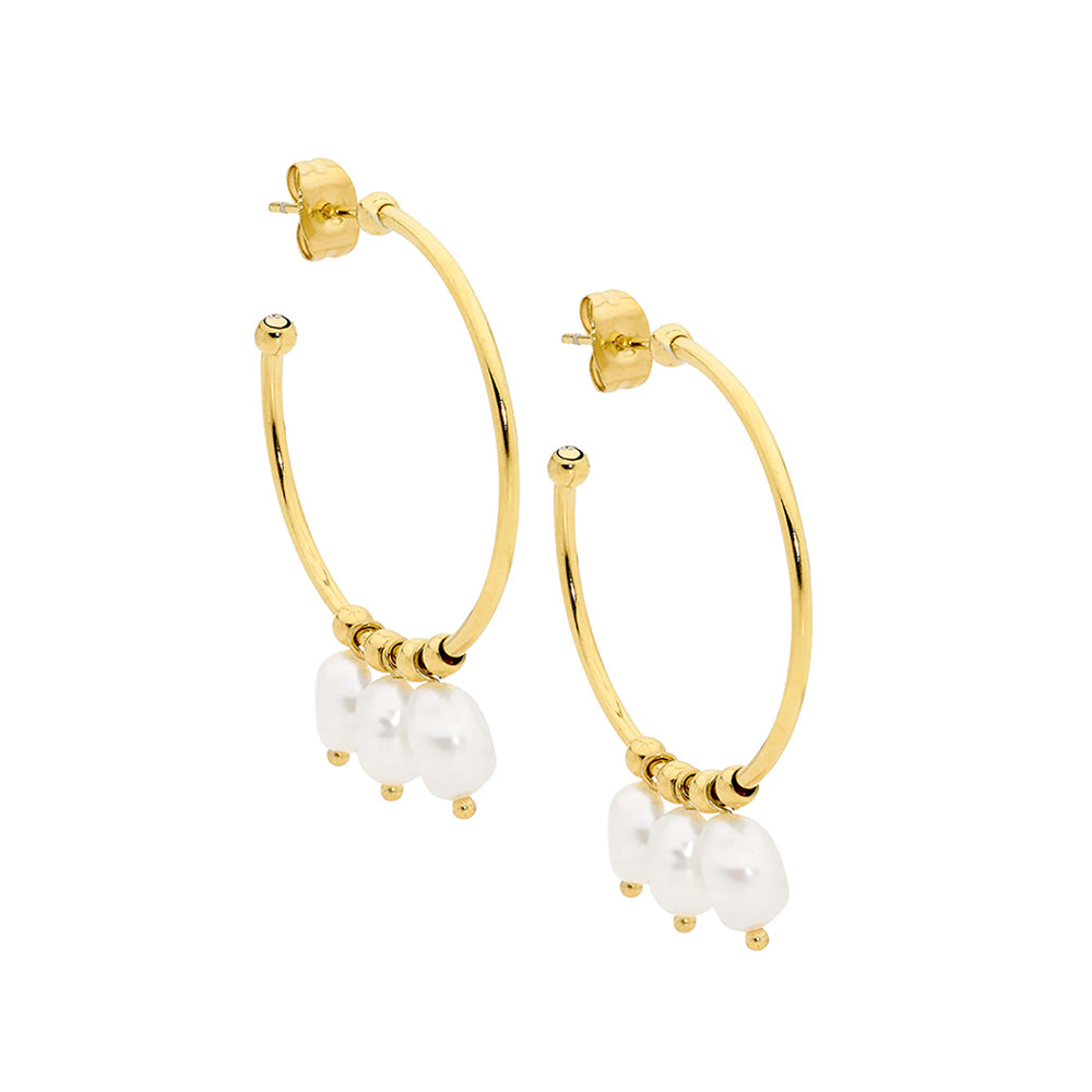 Gold Plated Stainless Steel 3Cm Hoops With Freshwater Pearl Drops