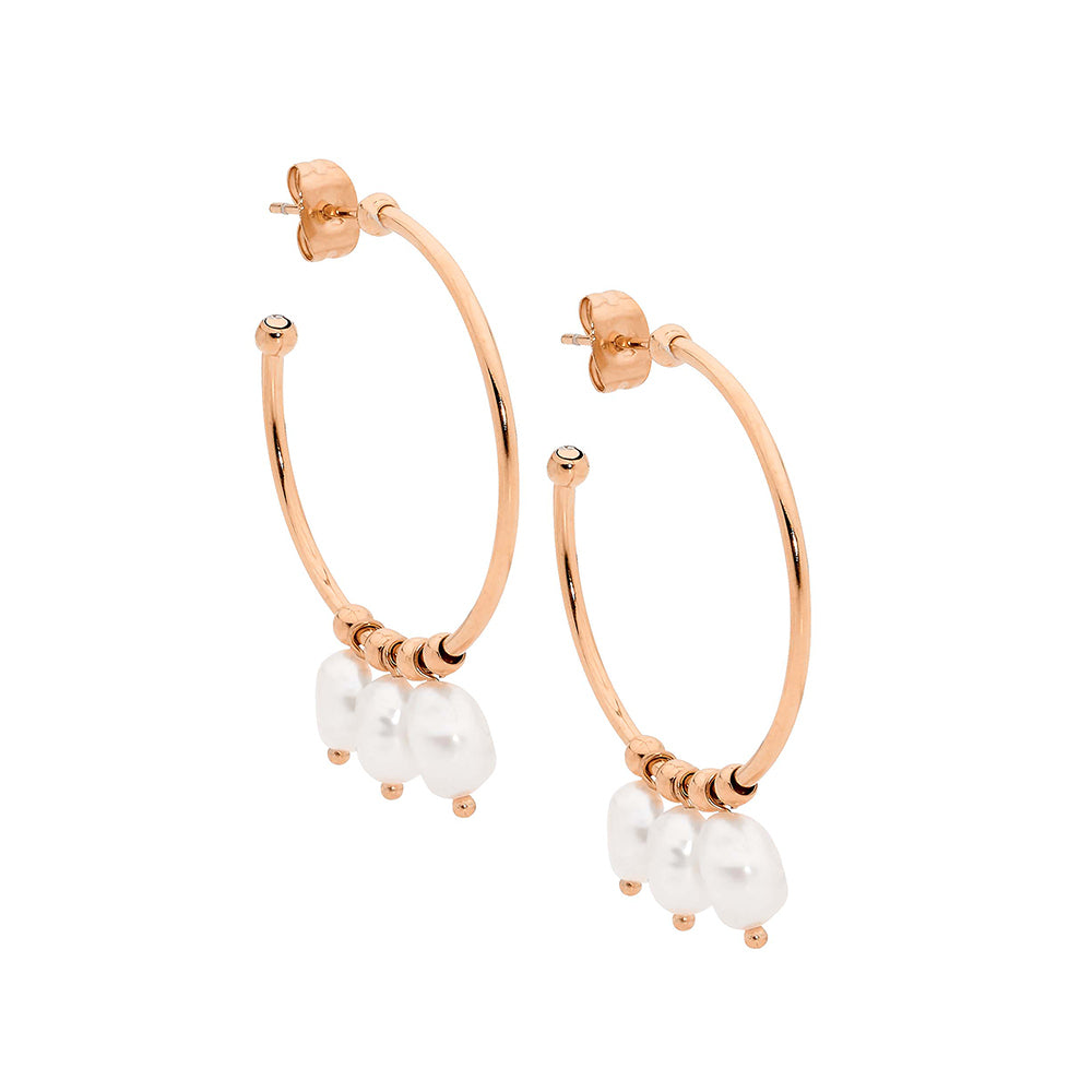 Rose Gold Plated Stainless Steel 3Cm Hoops With Freshwater Pearl Drops