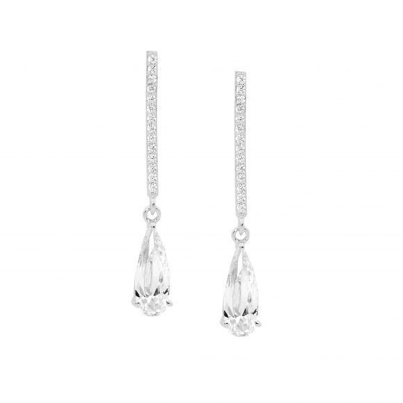 Sterling SilverDrop Bar Earrings With Pear Shaped Cubic Zirconia