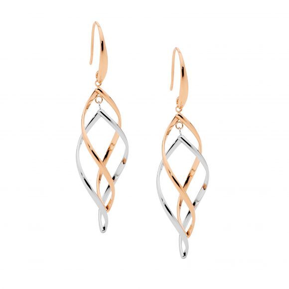 Stainless Steel Double Twist 2 Tone Drop Earrings With Rose Gold Plating