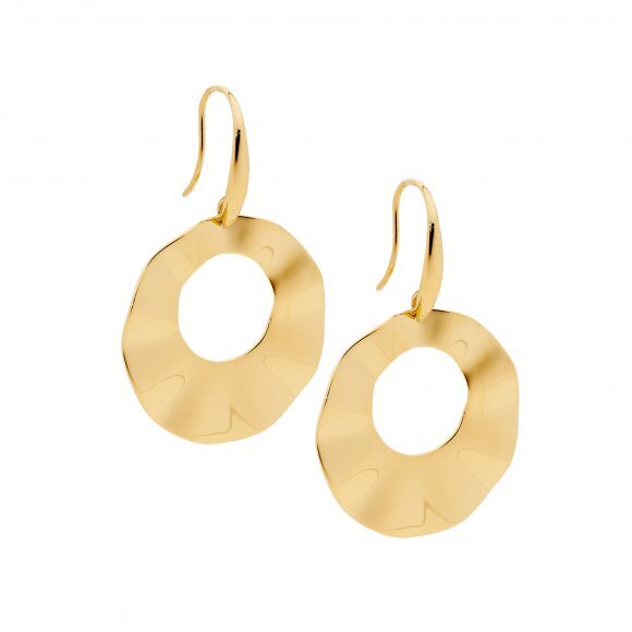 Gold plated stainless steel wave disc drop earrings