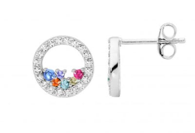 Womans Open Circle Earrings With Scattered Multi-Coloured Cubic Zircionia